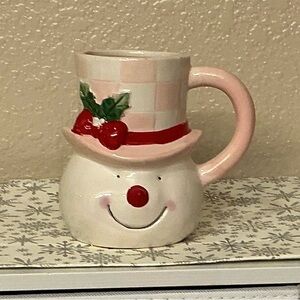 Festive Snowman Mug with Pink & White Hat   NWOT